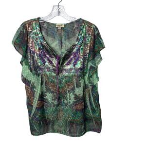 One World Live Under Live Boho Sheer Paisley Blouse Women’s XL Green Purple Top